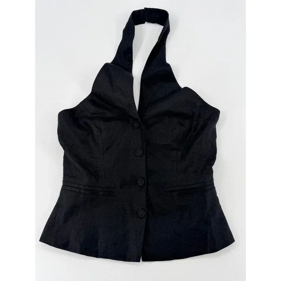 Reformation Tate Linen Halter Top Black Button Front Size 4 NWT - Picture 2 of 16